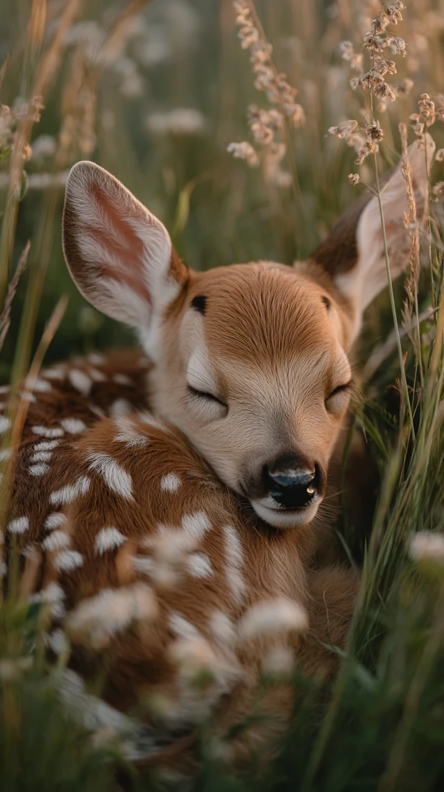Sleeping Baby Deer in a Lush Meadow Serene Nature Photo