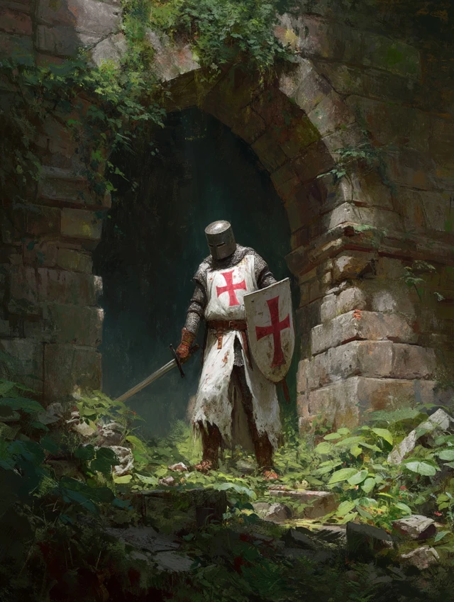Lone Templar Knight Guarding Ancient Ruins