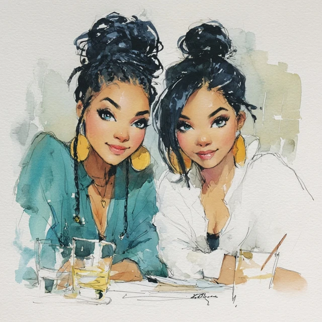 Watercolor Portrait of Two Beautiful Women