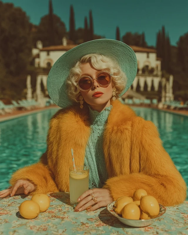 Eccentric Lady in Orange Coat by the Pool