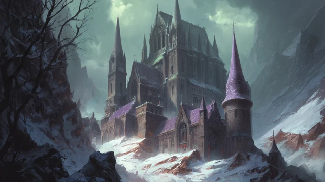 Gothic Fantasy Cathedral in Snowy Mountains