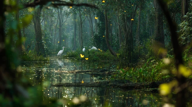 Tropical Forest Scene with Cranes and Pond