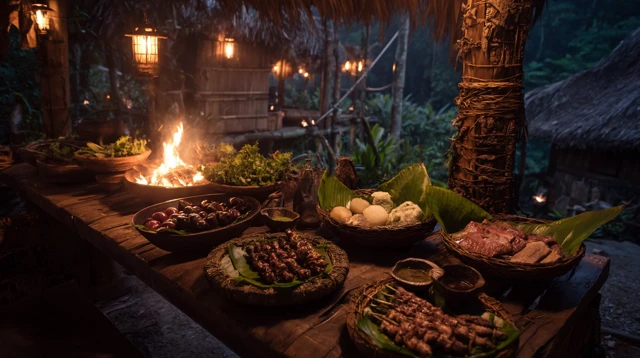 Tribal Feast: Food on Bamboo Table at Night