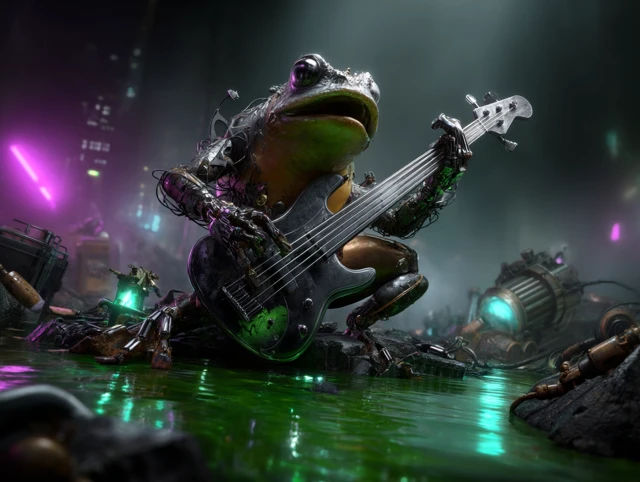 Biomechanical Frog Bassist in Toxic Swamp