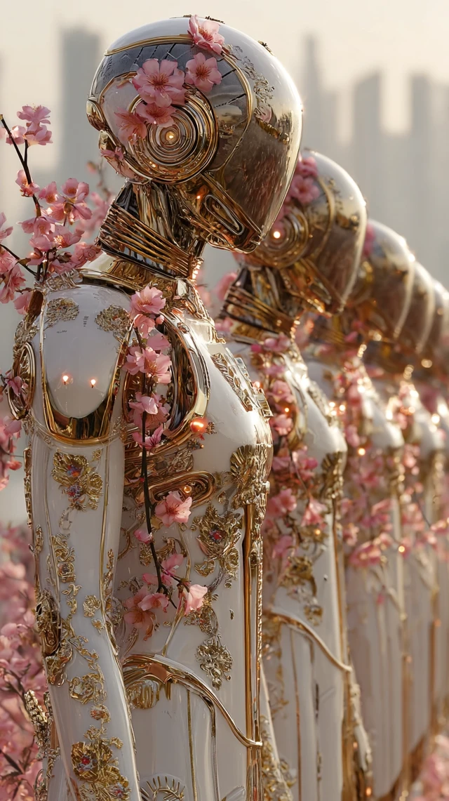 Futuristic Androids in Floral Armor at Dawn