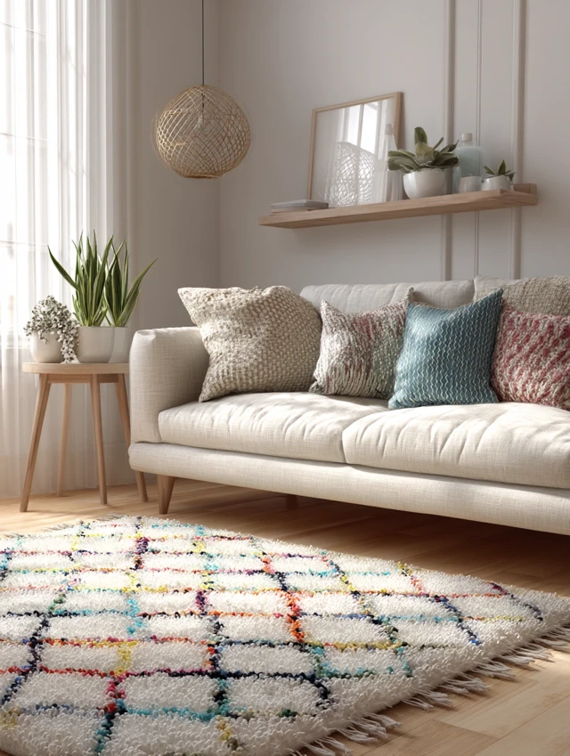 Scandinavian Living Room Design Colorful Rug High Angle