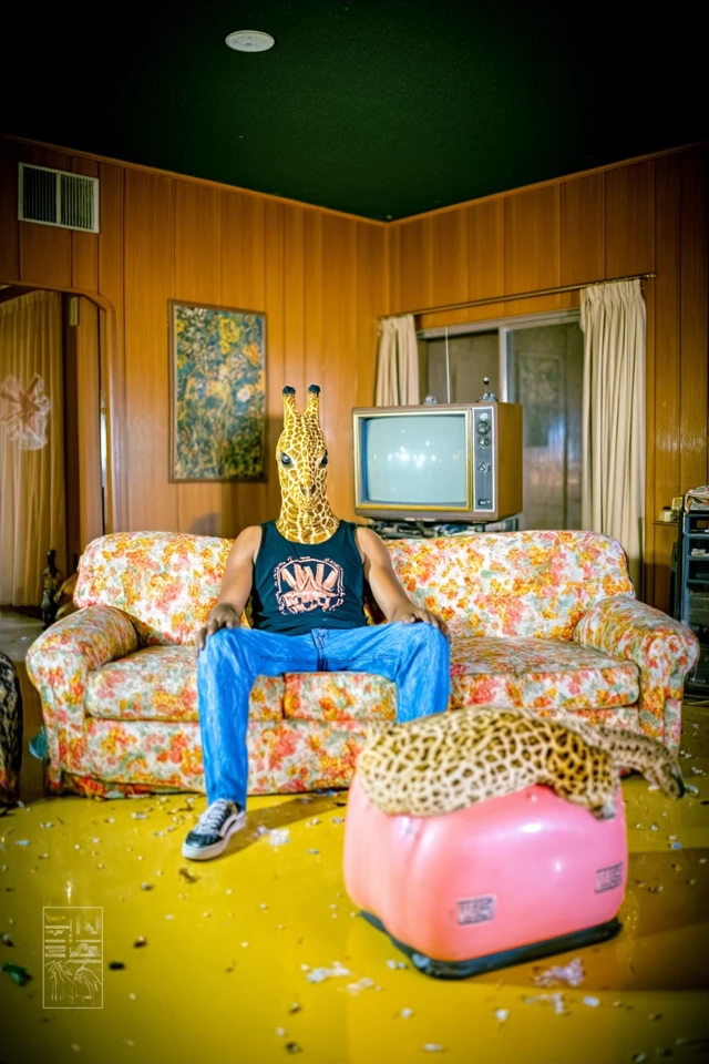 Surreal Retro Scene Giraffe Man on Floral Couch