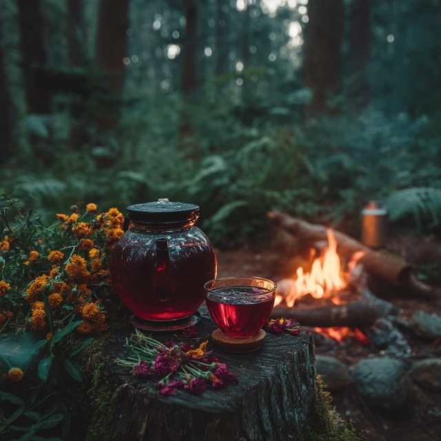 Poppy Flower Tea Brewing in the Forest Campfire