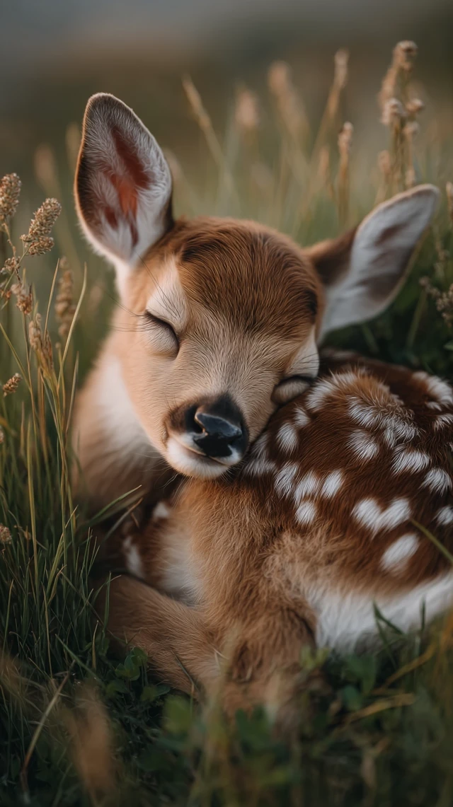Sleeping Baby Deer in a Lush Meadow Serene Nature Photo