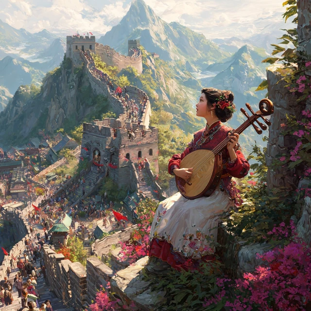 Great Wall of China Woman Playing Pipa