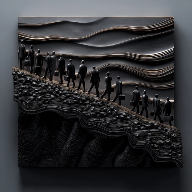 3D Sculpture of Businessmen Walking to a Cliff