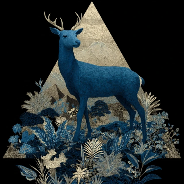 Blue Deer Ukiyo e Art Forest and Mountain Motif
