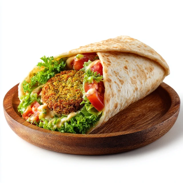 Falafel Wrap on Wooden Plate Delicious Food