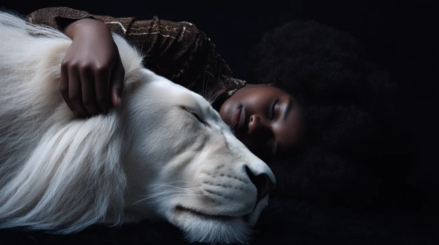 Girl and White Lion Sleeping Realistic Photo