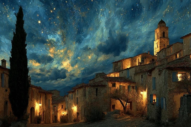 European Village Night Photo with Starry Sky