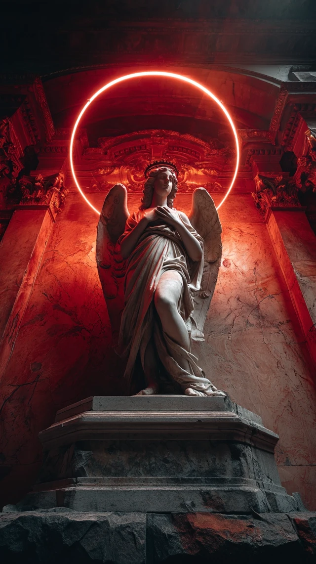 Cyberpunk Angel Statue in Decaying Cathedral
