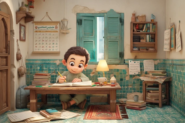 Egyptian Schoolboy Studying in Cozy Home 3D Cartoon