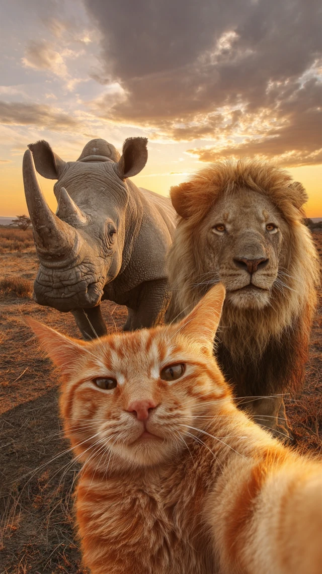 Cat Lion Rhino Selfie on African Savanna Sunset