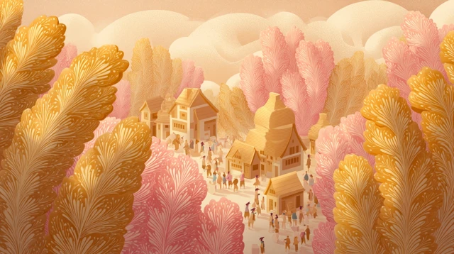 Utopian Village Cartoon Abundance and Peace
