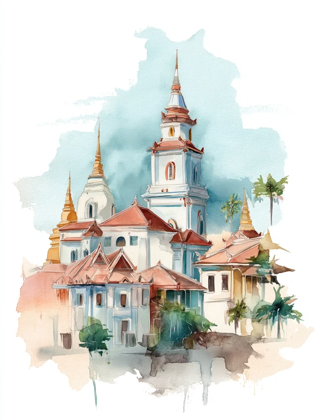 Savannakhet Laos Watercolor Painting: Catholic Church Art Print