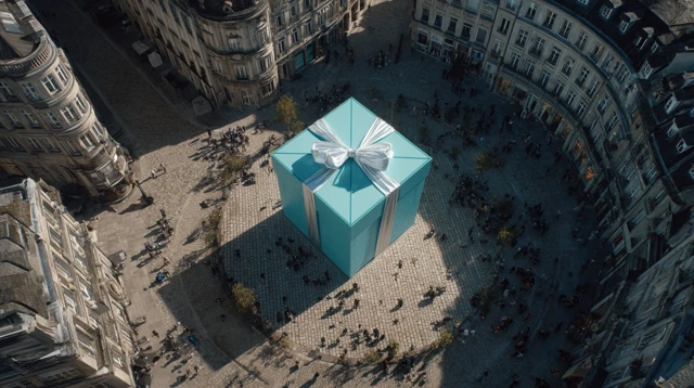 Giant Tiffany Co Gift in European Plaza Drone Shot