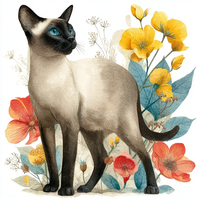 Watercolor Siamese Cat with Flowers Illustration