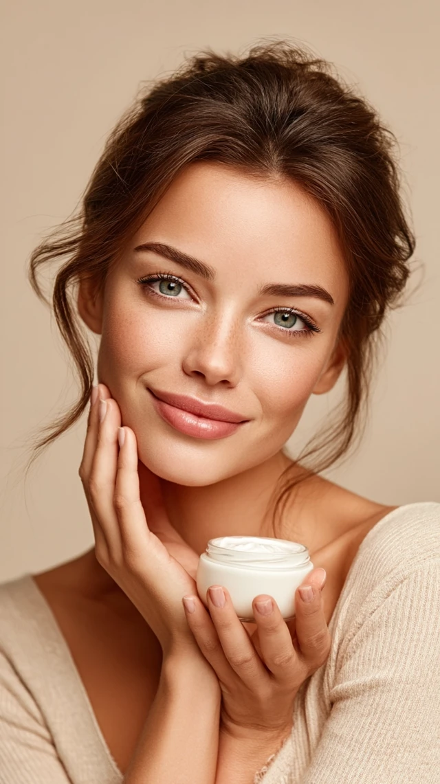 Beautiful Girl Using Face Cream Skincare Portrait