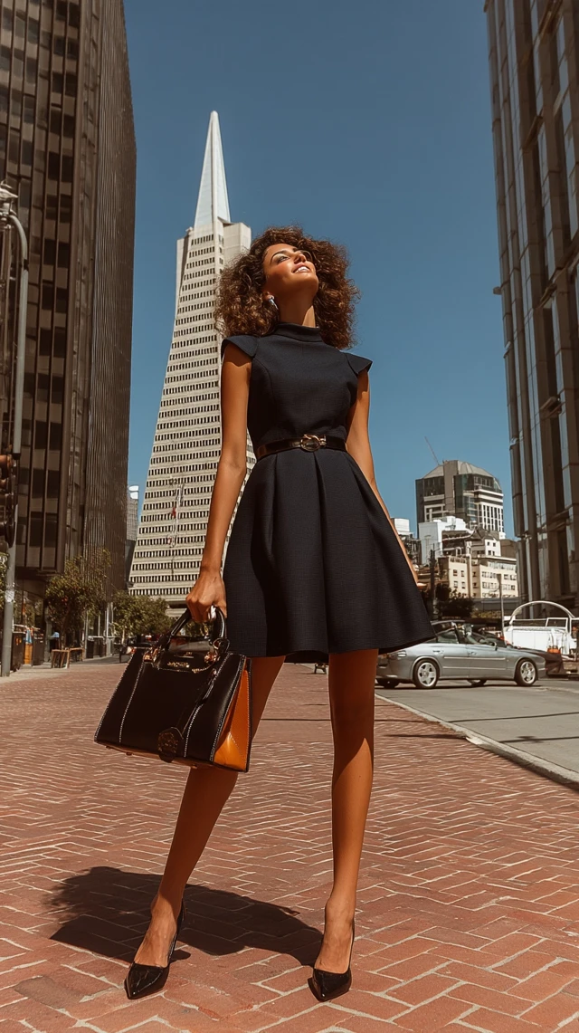 Woman in Navy Dress Posing in Front of California Tower