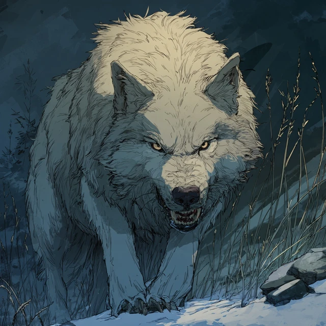 Angry Alpha Wolf in Icy Tundra Dungeons and Dragons Style
