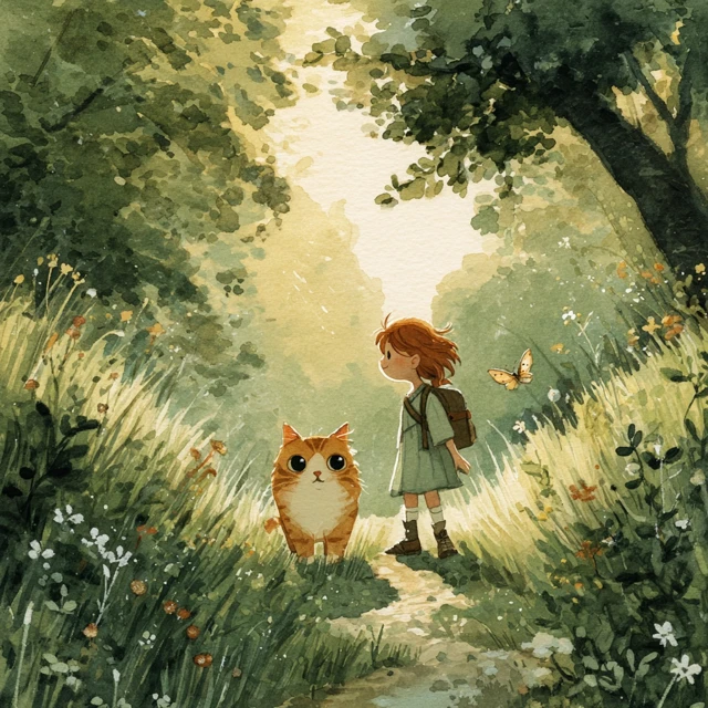 Ginger Cat and Girl Watercolor Illustration
