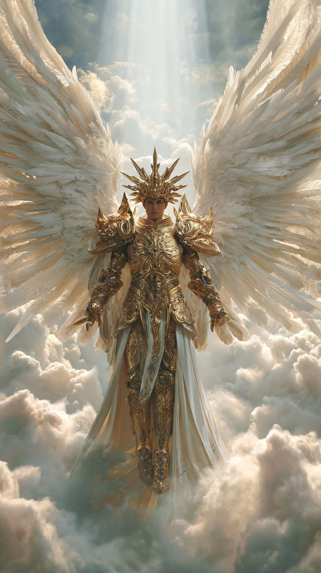 Radiant Archangel in Golden Armor Heavenly Scene