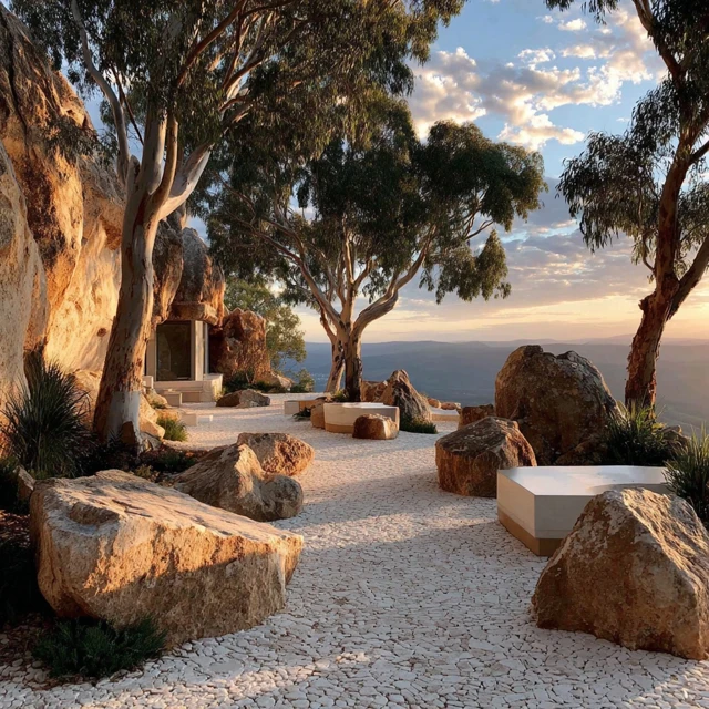 Outdoor Garden with White Stones and Dancing Trees