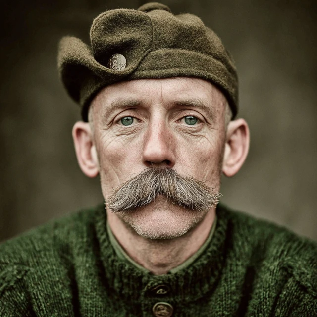 British Man Green Military Cap and Mustache