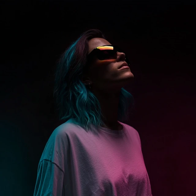 Confident Woman with Blue Hair and AR Glasses Portrait