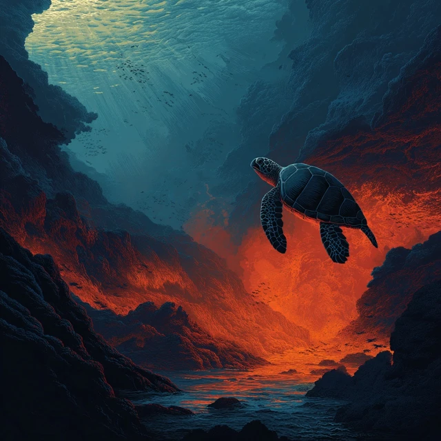 Underwater Turtle Volcanic Scene Illustration