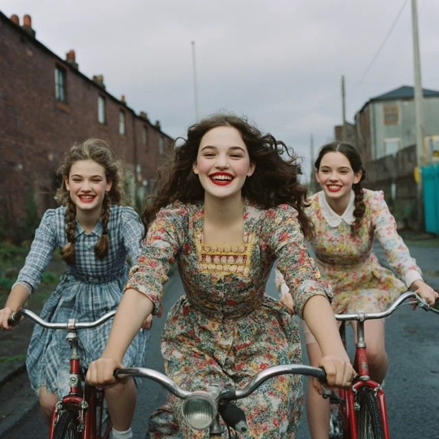Friends Riding Bikes Laughing Full Color Photo