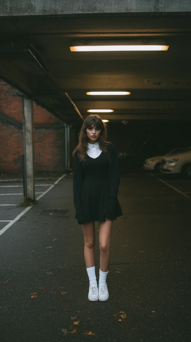 Girl in black dress and white sneakers in an urban setting
