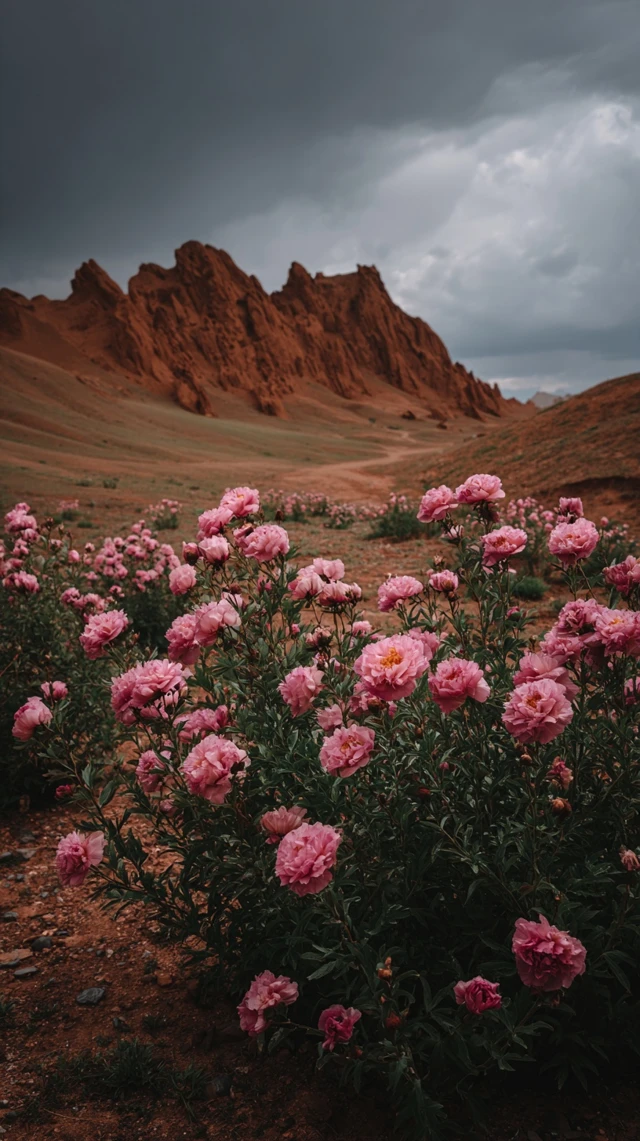 Pink Flowers in Gobi Desert Landscape
