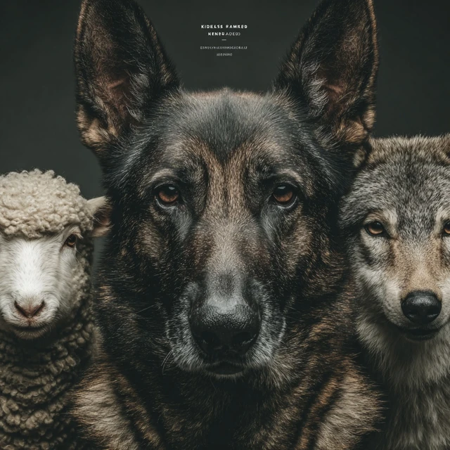 K9 Police Dog Guarding Sheep and Facing Wolves