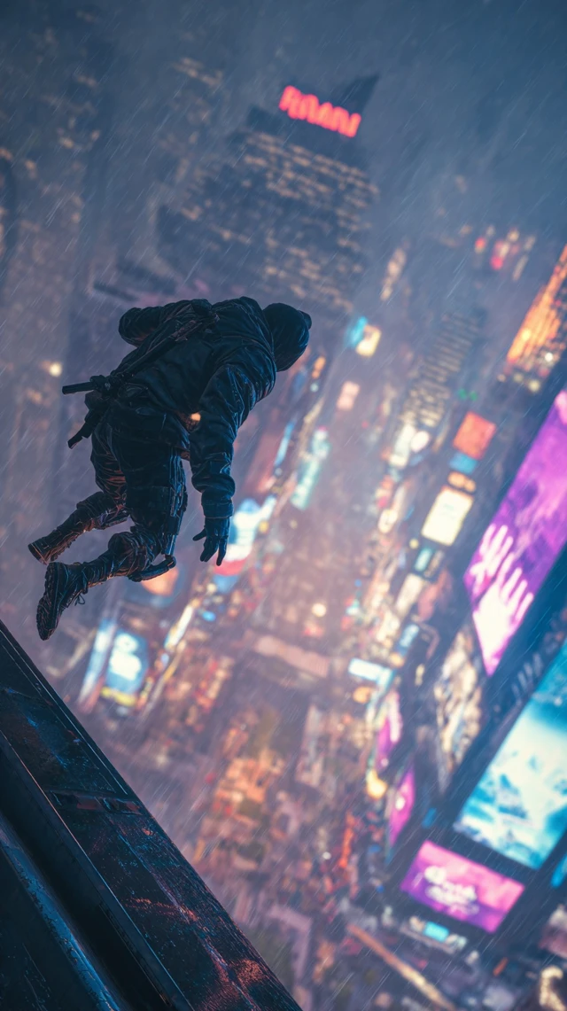Cyberpunk Rooftop Dive Futuristic City Night