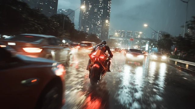 Futuristic Motorcycle on Rainy City Road