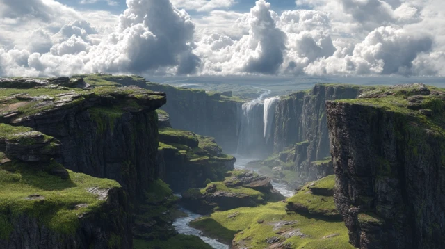Alien Waterfall World with Green Sky and Sirius Clouds