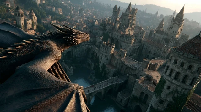 Dragon Overlooking Medieval Fortress
