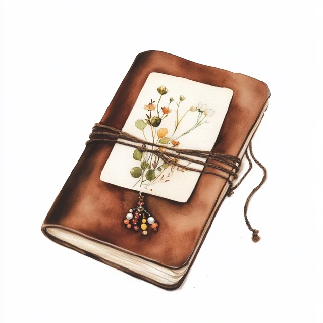 Boho Style Leather Journal with Pressed Flowers Watercolour Art