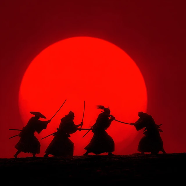 Samurai Battle Silhouette Red Moon Anime Style