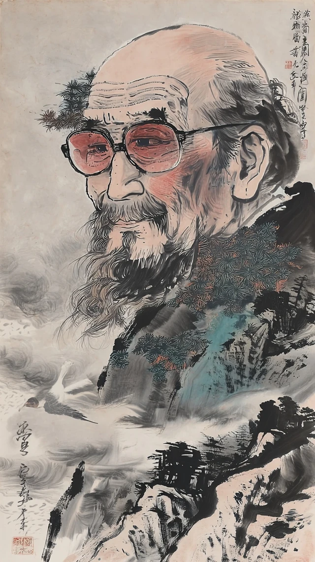 Ink Wash Portrait Elderly Man and Landscape Painting