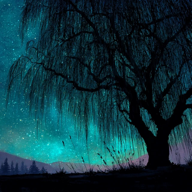 Willow Tree on a Starry Night Teal Backlighting