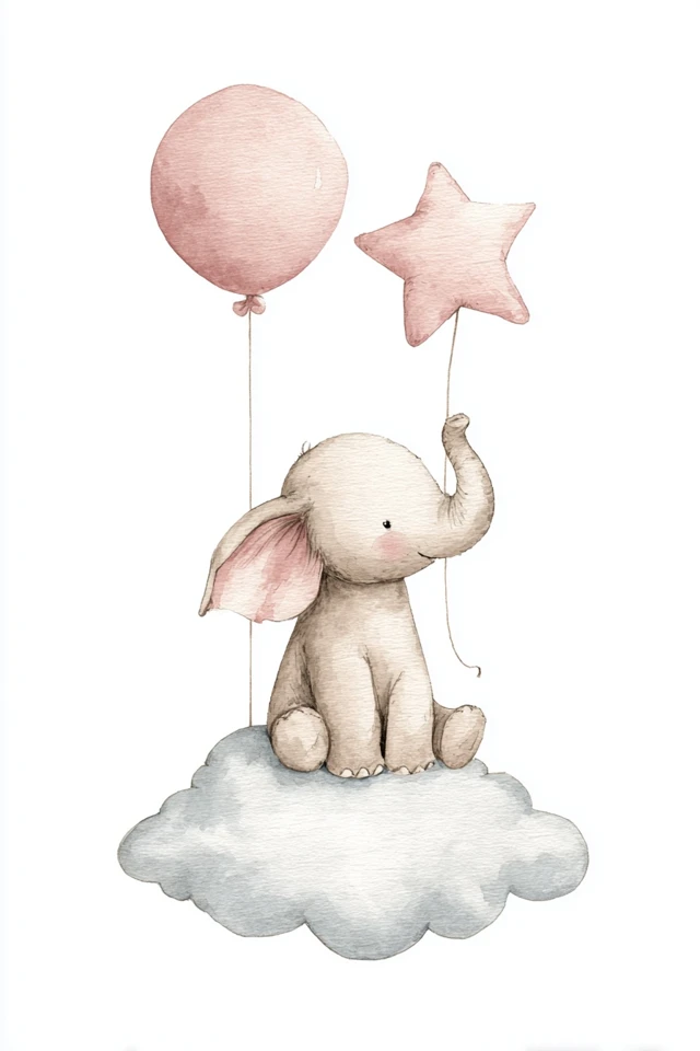 Cute Elephant on Cloud with Balloon and Star
