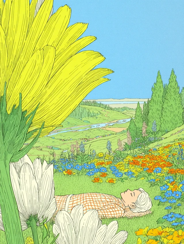 Girl with White Hair in Flower Garden Anime Illustration