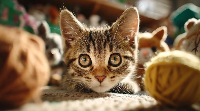 Cute Kitten Playing with Yarn Warm Sunlight